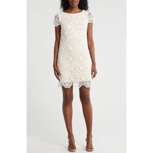 Eliza J Ivory Short-Sleeve Floral Lace Overlay Sheath Dress With‎ Scalloped Hem